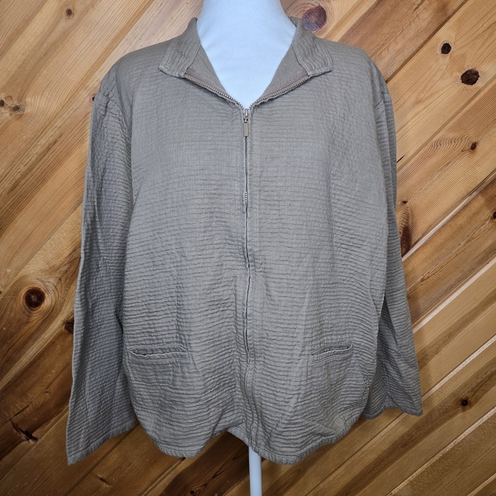 EILEEN FISHER Sz Large Khaki Brown Crinkle Cotton Mandarin Collar Zip Jacket